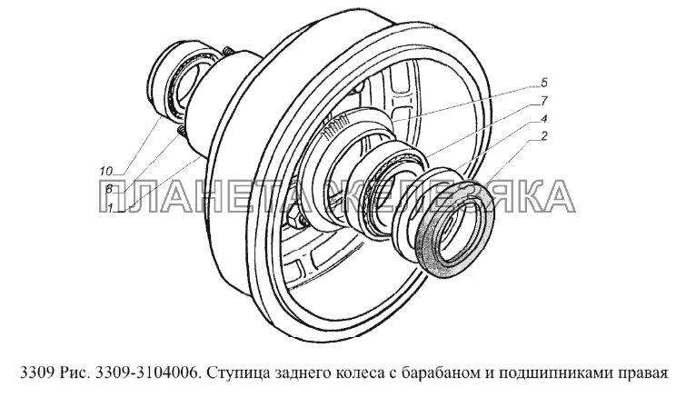 Ступица заднего колеса с барабаном и подшипниками правая ГАЗ-3309 (Евро 2)